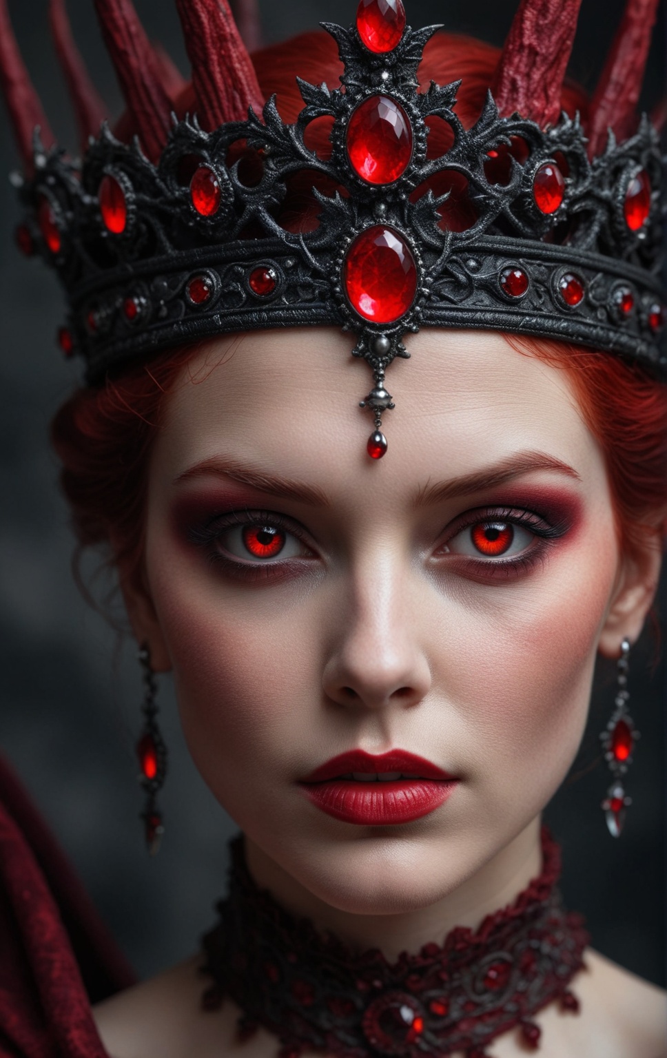 "Produce a spellbinding portrait of Lilith,  the Queen of Hell,  where her eyes burn with a captivating red hue on Tensor.Art