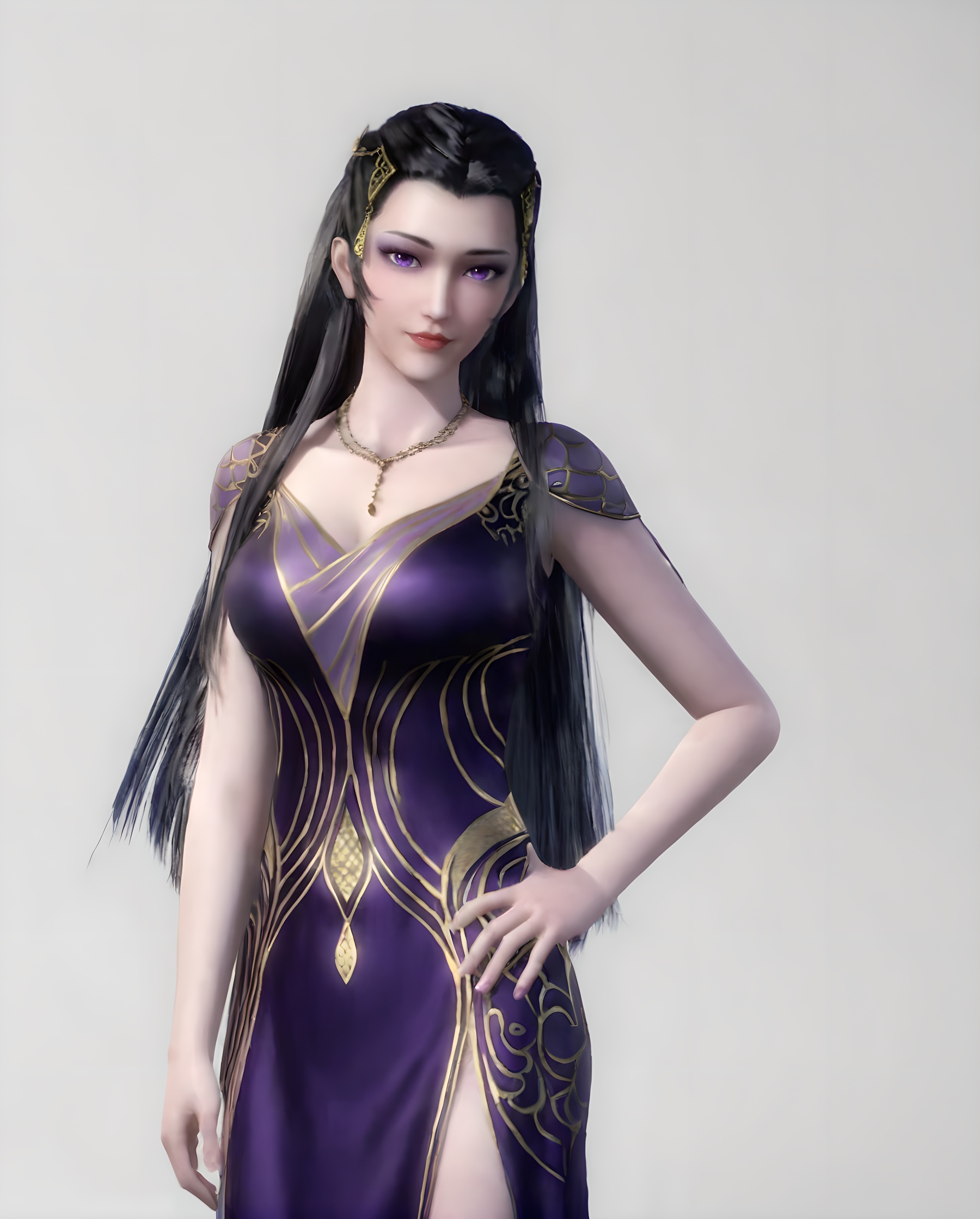<lora:SF_XinYueKui_Pony_Realism-000003:0.7>,1girl,solo,purple dress,hair ornament,standing,looking at viewer,black hair,long hair,white background,