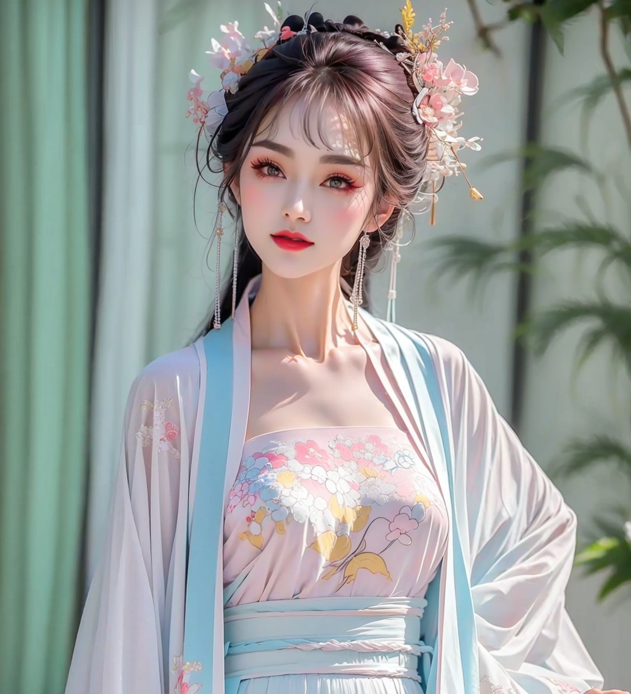 1girl,jewelry,red_lips_,lipstick,applying_makeup,diamond drop earrings,eye makeup,black hair,upper_body,solo,plump breasts,hanfu,<lora:汉服眼妆1.3:0.6>,embroidery,<lora:汉服樱花吊带汉服1.1:0.9>,