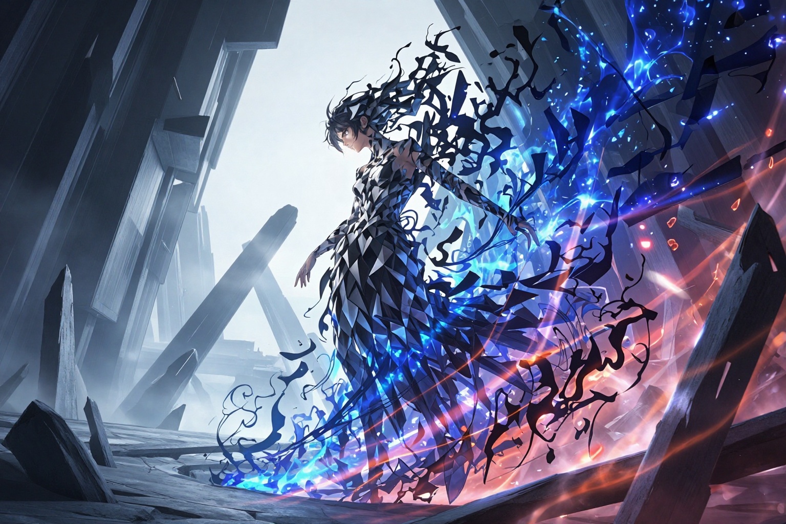 YY Anime style,CG,A striking abstract female figure rendered in high-contrast black ink with flowing, calligraphic strokes that dissolve into vibrant (ultramarine and crimson) splashes, her form emerging from a minimalist yet dynamic composition of intersecting geometric shapes resembling a corporate logo deconstructed into liquid motion. She wears a sleek, asymmetrical dress with (razor-sharp folded origami textures) that transitions seamlessly into the negative space of the background, the fabricâs edges bleeding into delicate ink wisps. The environment is a surreal collision of brutalist architecture and ethereal mist, with towering monoliths tilted at a 15-degree Dutch angle, their surfaces etched with faint glowing glyphs. Cinematic lighting employs a (dual-source chiaroscuro effect), one harsh directional beam casting long shadows from the figureâs left, while a diffuse bioluminescent glow emanates from beneath her feet, illuminating the swirling ink pools. Shot on a virtual 85mm lens at f/1.4 to blur the background into abstract bokeh streaks, the focus pulling sharply to her piercing gaze. Style cues: Katsuhiro Otomoâs precision linework meets Alphonse Muchaâs organic fluidity, with a dash of Jens Clausenâs corporate surrealism.