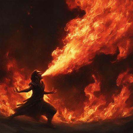 Firbremb2, breathing fire, flame eruption, fiery breath attack, mouth fire blast, flame stream, blazing energy, 1boy, solo