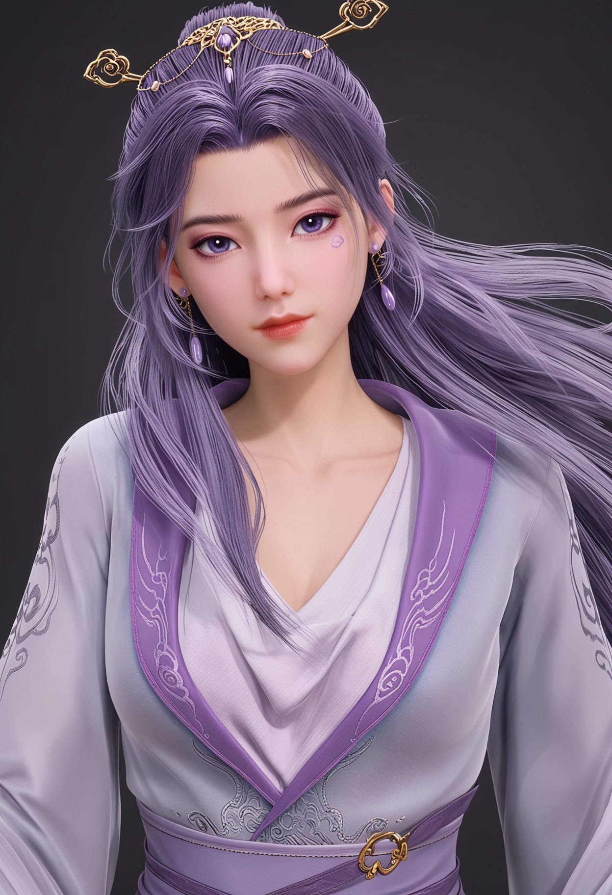 (upper_body:1.2),(masterpiece:1.1),(best quality:1.2),(intricate details),(looking at viewer:1.1),facing viewer,direct gaze,<lora:YQ_pony_yunxiaoxianzi2.0_V5:0.8>,q1528437228,1girl,solo,long hair,purple hair,purple eyes,hair ornament,chinese clothes,dress,jewelry,earrings,hair stick,long sleeves,sash,facial mark,single hair bun,wide sleeves,blue eyes,boots,black hair,shawl,BREAK simple background,pure black background,black background,perfect anatomy,