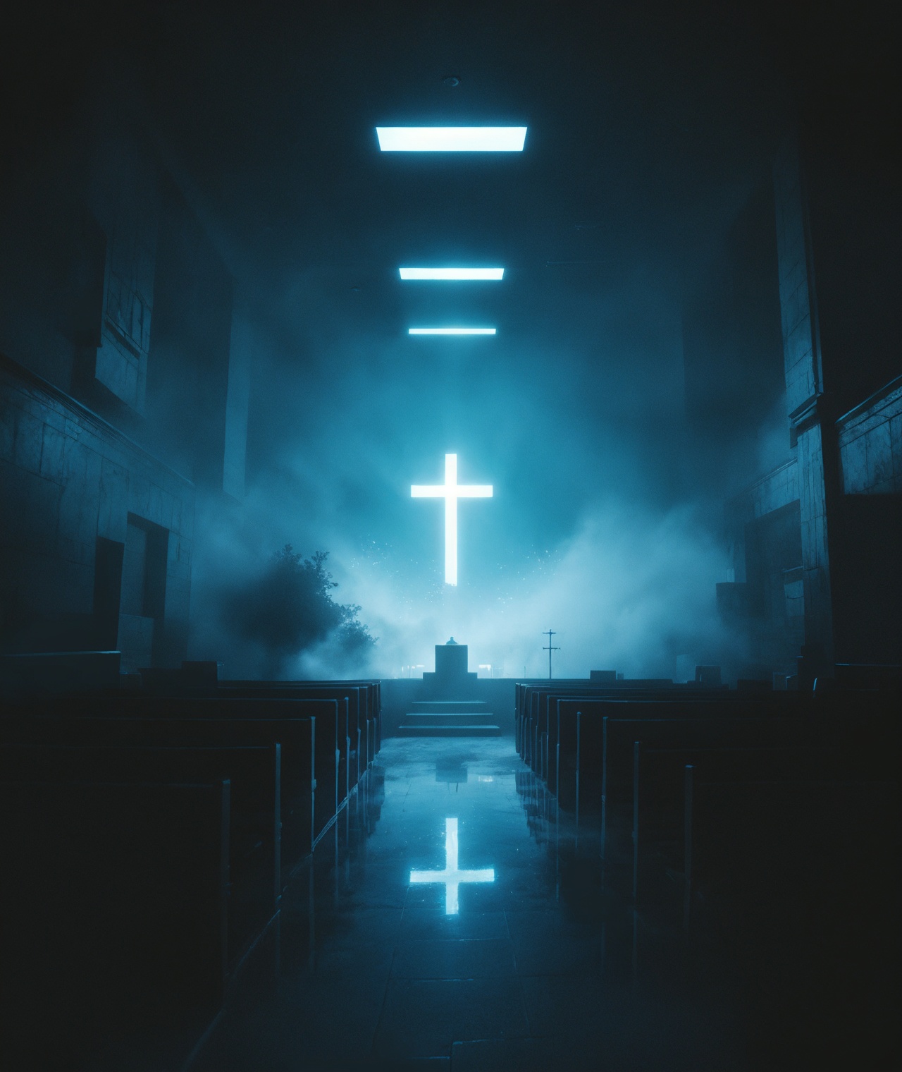 blue,light,glow,(dark),fog,cyberpunk,indoors,church,glass,ethereal,fantasy,dutch angle,no humans,empty,wide shot,<lora:lora.by_tusi:0.9>,