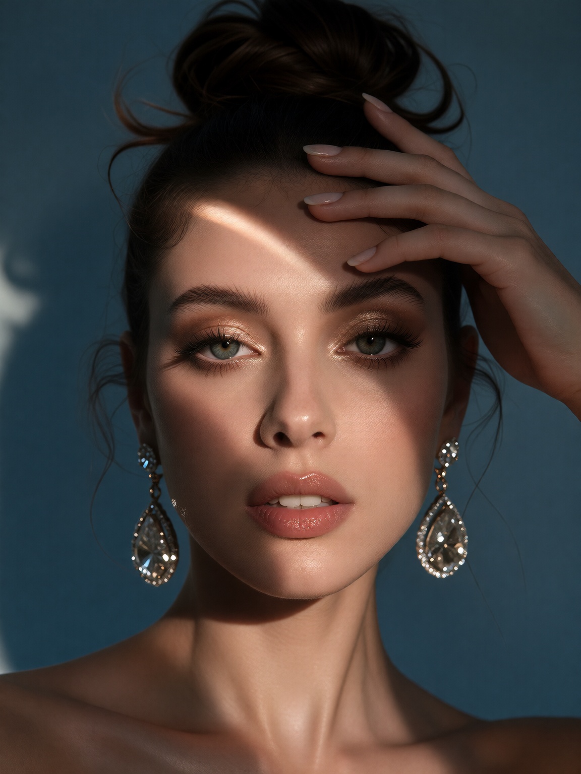 High-fashion beauty portrait of a woman with a deep complexion and a high messy curly top-knot bun,  looking directly into...