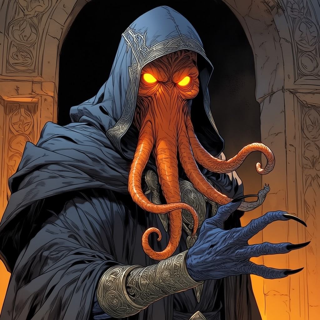 Inkfist,  hooded humanoid with a tentacled face and glowing orange eyes wearing robes and ornate metal armbands stands bef...