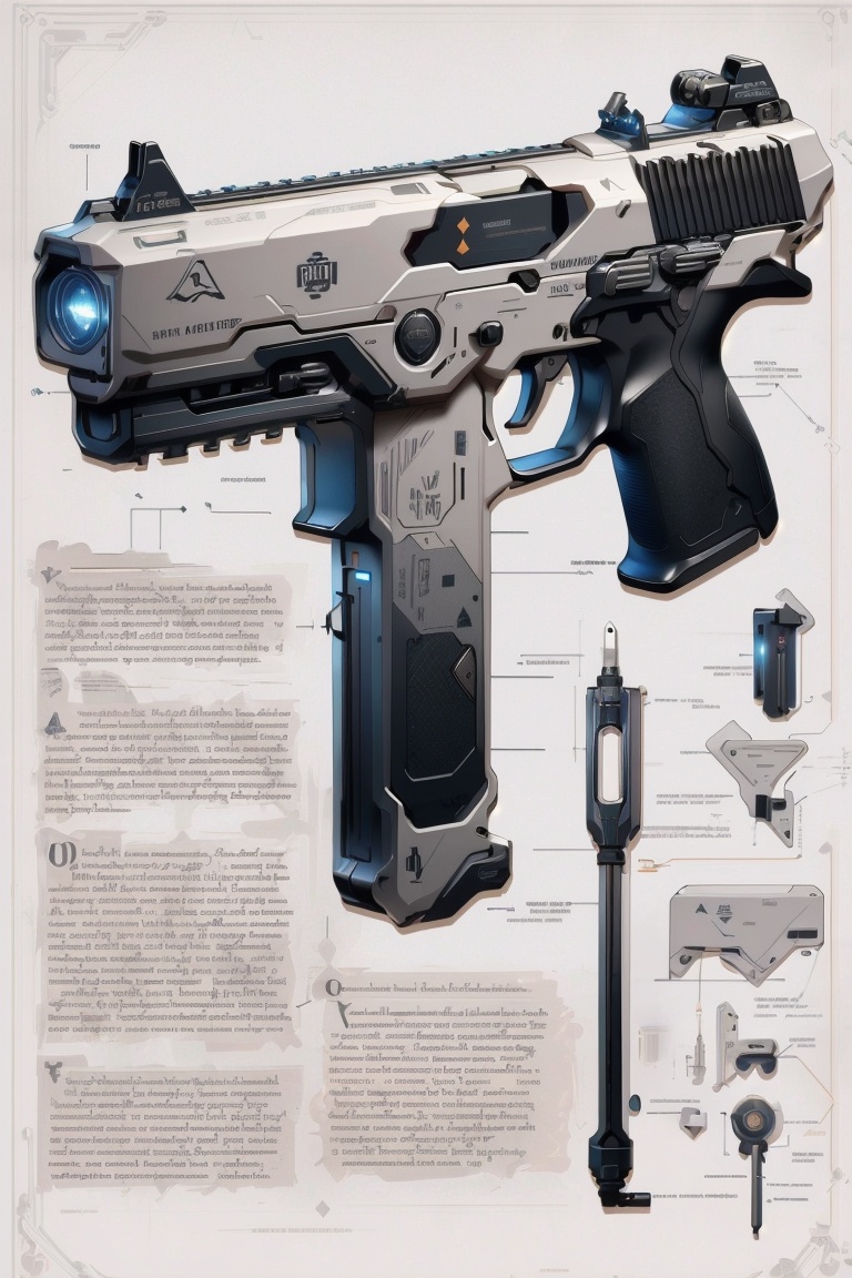 ((HRD, HUD, 8K)),((masterpiece, best quality)), highly detailed, photo_\(medium\),GameWeapon, no humans, science fiction, english text, simple background, white background, fantasy, concept art, from side, multiple views, grey background, arrow (symbol), weapon, gun,  <lora:20240218-1708226210017:0.9>