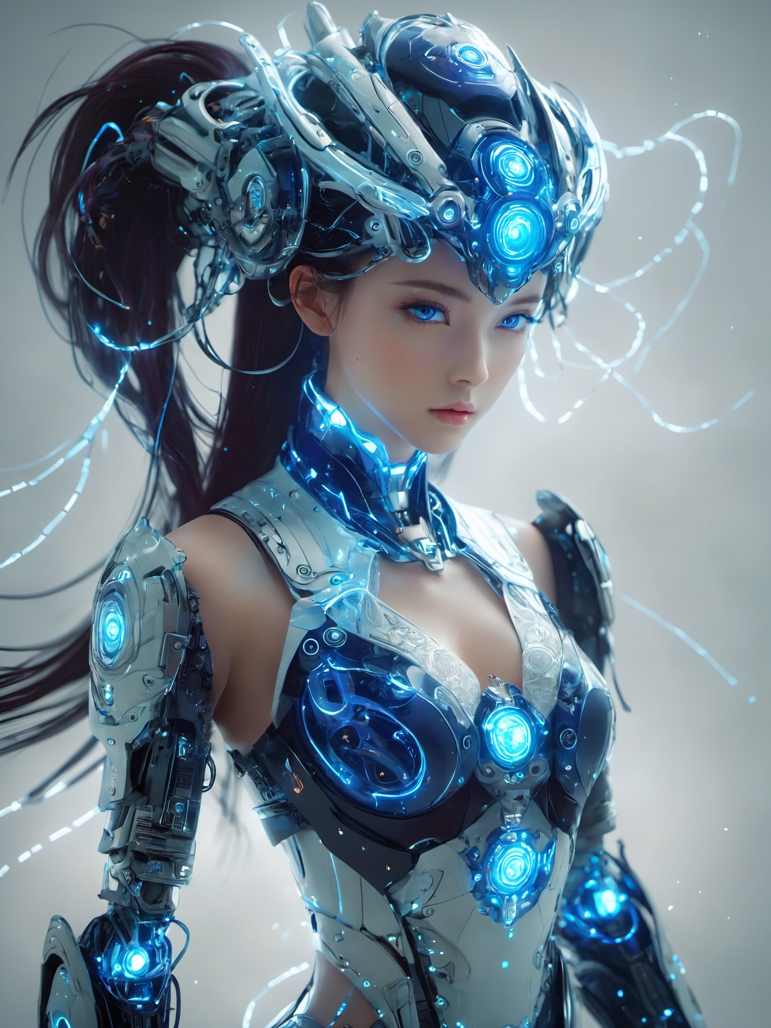 future technologies,bailing_robot,robot,robotics,machine_robo,gradient,Partial texture of a metal robot,simple background,(1girl:0.6),mecha musume,Matte Metal,wire,high quality exquisite wallpaper,The girl was surrounded by magic arrays,blue_eyes,standing,cinematic lighting,strong contrast,sharp eyes,photon force field,purple and blue glowing neon lights,wide_shot,robot girl,blue theme,intricate glowing lace,1 girl figure is slender medium breasts clothes show cleavage,magic circle,magic array,magic circles,machine_rob,