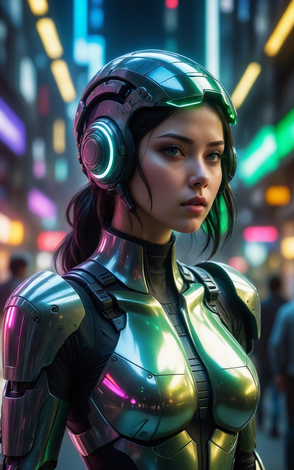 (ultra detailed,  hyper-realism),  a digital artwork featuring a girl adorned in an elegant black and silver cyborg armor...