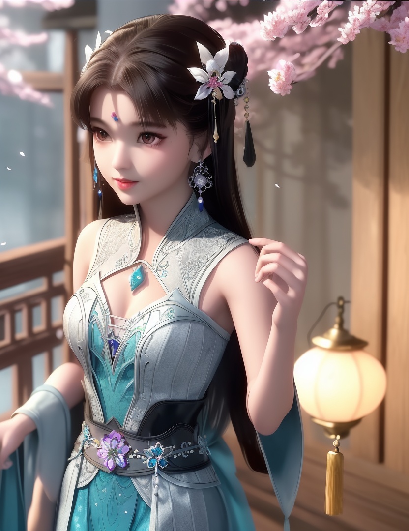 ultra realistic 8k cg, picture-perfect face, flawless, clean, masterpiece, professional artwork, famous artwork, cinematic lighting, cinematic bloom, perfect face, beautiful face, fantasy, dreamlike, unreal, science fiction,  beautiful clothes, lace, lace trim, lace-trimmed legwear,  (rich:1.4), prestige, luxury, jewelry, diamond, gold, pearl, gem, sapphire, ruby, emerald, intricate detail, delicate pattern, charming, alluring, seductive, erotic, enchanting, hair ornament, necklace, earrings, bracelet, armlet,halo((,1girl, ,))(((,teenage,full moon,lantern, cherry blossoms, 1girl, tree, spring_\(season\), solo, black_hair,chinese clothes,looking at viewer, upper body, ))) <lora:DA_LanLingEr:0.6>