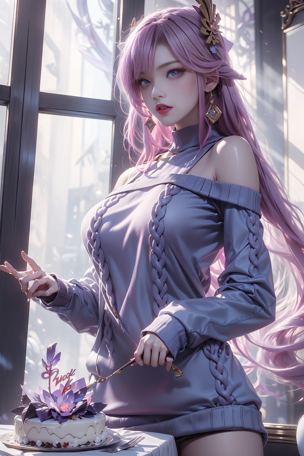 shenzilp,Yae Miko_(genshin_impact),1girl,solo,game cg,red lips,very long hair,pink hair,(white virgin killer sweater:1.3),indoors,purple pupils,delicate face,hazy atmosphere,cake,fox,