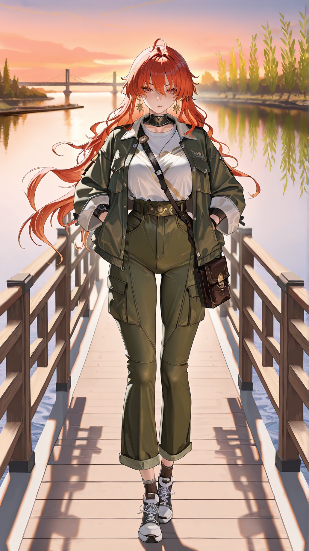 masterpiece,best quality,amazing quality,<lora:augusta-000025:0.8>,1girl,red eyes,red hair,augusta \(wuthering waves\),<lora:20250808-1754650692631:0.8>,zhigan3d,1girl,solo,cargo_style,olive_green_cargo_pants,high_waisted_pants,belted_waist,white_cotton_t-shirt (inner),oversized_denim_jacket,black_canvas_sneakers,ankle_socks,crossbody_utility_bag,walking,looking_at_river,riverfront_promenade,wooden_plank_path,willow_trees,river_water,evening_breeze,sunset_glow,distant_bridge,passersby (blurred),hands_in_pants_pockets,