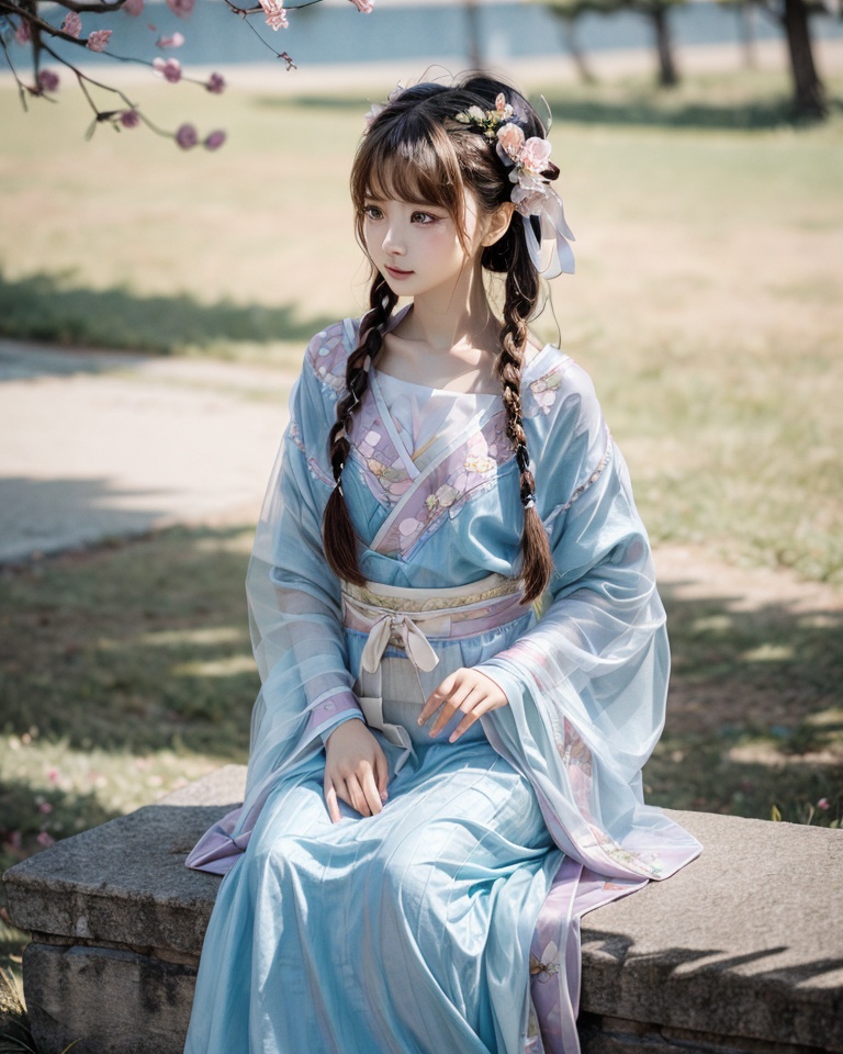 hanfu lulu,1girl,solo,flower,hair ornament,hair flower,hanfu,chinese clothes,brown hair,realistic,sitting,braid,long sleeves,looking to the side,long hair,dress,<lora:hanfu lulu_20231203210612:0.7>,