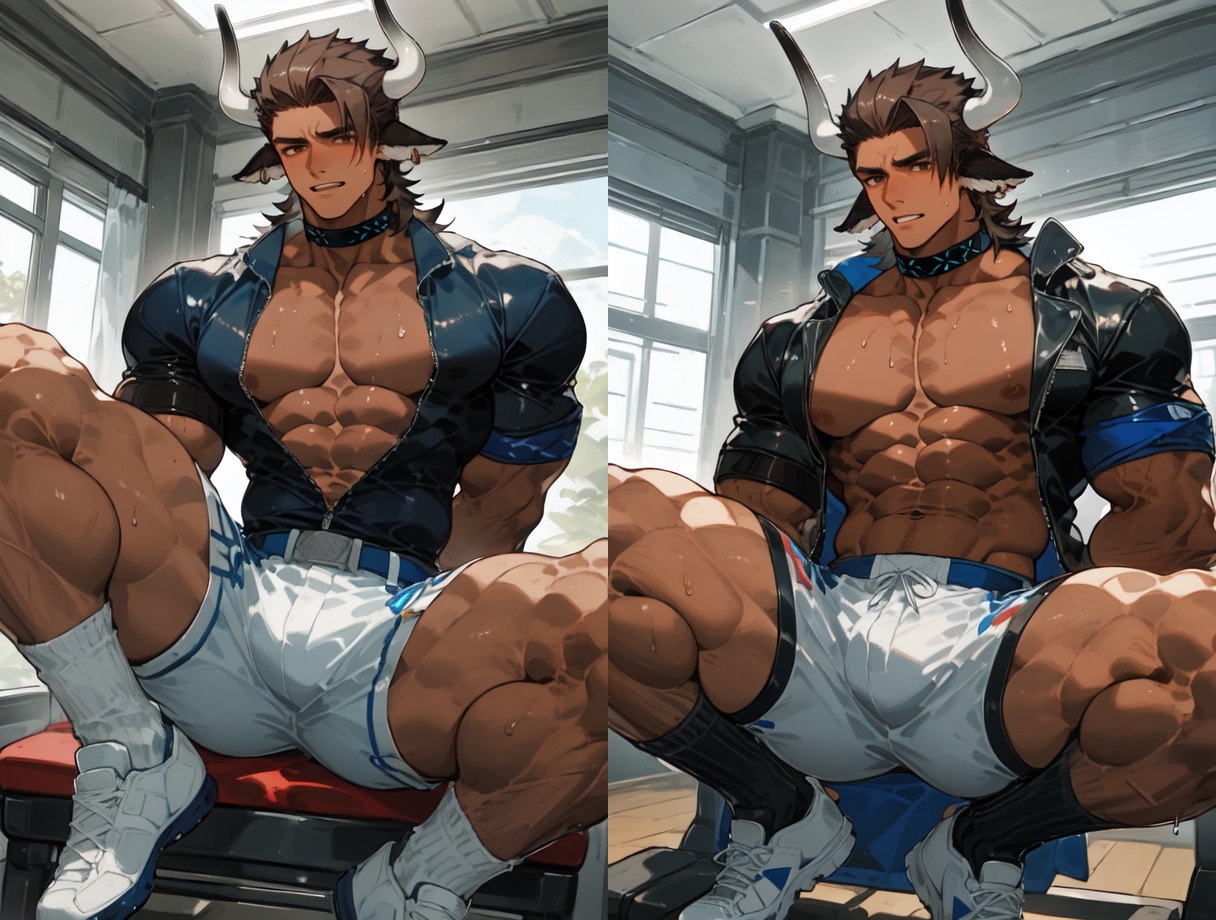 jiaofeng,horns,brown eyes,dark-skinned male,brown hair,<lora:角峰V1-000006:1>,<lora:效果肌肉滑块muscle_slider_v1:2.5>,<lora:修手neg4all_bdsqlsz_V3.5:1>,, masterpiece,best quality,masculine appeal,handsome face,finely detailed eyes and face,youthful face,detailed eyes,Perfect features,narrow_waist,male focus,1boy,, shorts, shirt, dumbbell, gym, solo, jacket, weightlifting, exercise, muscular, shoes, black shirt, socks, sweat, taut clothes, taut shirt, open jacket, large pectorals, bara, white shorts, muscular male, open clothes, thighs, pectorals, off shoulder, sitting, white footwear, thick thighs, abs, tight shirt, black jacket, tight, spread legs, white socks, covered nipples,  indoors