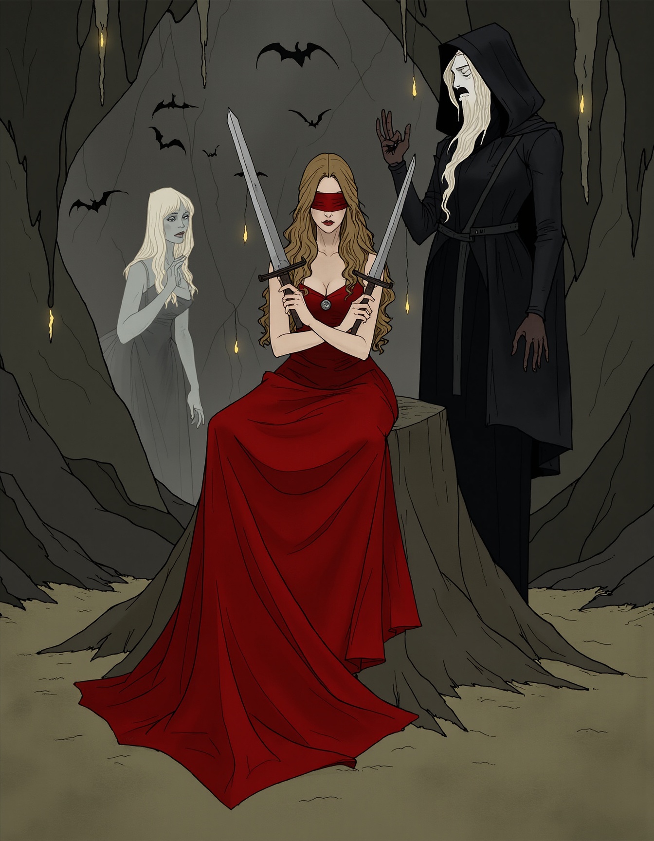 yydlds,a woman in a red dress sitting on a rock in a cave. She is holding two swords in her hands and appears to be ready for battle. The woman has long blonde hair and is wearing a red blindfold covering her eyes.She is holding a broomstick and appears to be in the middle of a spell. On the right, there appears to have a ghostly figure with white hair and a black cloak. The background is filled with bats and stalactites hanging from the ceiling. ﻿﻿ <lora:F.1暗黑女巫-手绘线条插画V1_遥远的炼丹师:0.8>