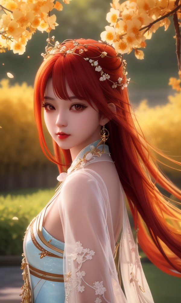 (,1girl, ,best quality, ),looking at viewer, <lora:368-DA-沧元图-柳七月-凤凰变身:0.7>,ultra detailed background,ultra detailed background,ultra realistic 8k cg,, ,masterpiece, (( , )),, ,tamari \(flawless\),     ,  orange blossoms,  (()), (), ,,