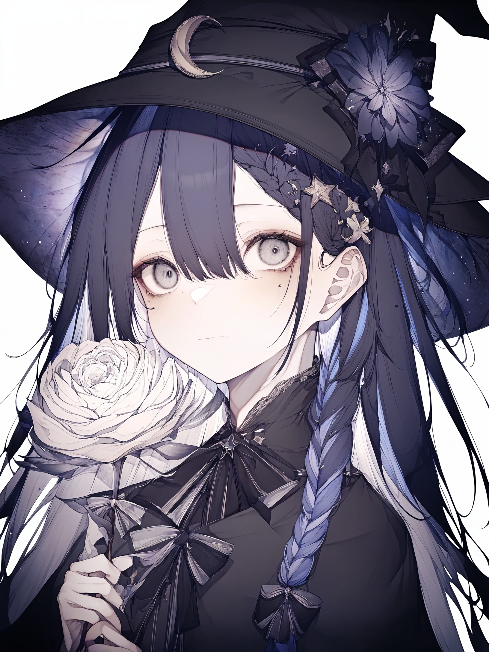 1girl,   hito komoru, eyelashes, hat, solo, blush, white flower, blue hair, witch, black bow, black headwear, hat flower, grey background, hair between eyes, star hair ornament, holding, hair ornament, grey eyes, portrait, long hair, flower, side braid, hair bow, multicolored hair, simple background, closed mouth, crescent, crescent hair ornament, star \(symbol\), hair flower, expressionless, streaked hair, purple hair, holding flower, looking away, black flower, bow, single braid, braid, witch hat, masterpiece, best quality, newest, absurdres, highres, safe