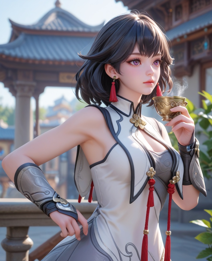 (oriental architecture, elegant decor, sophisticated style:1.1),(Standing near a window, holding a cup of tea or coffee, lost in thought and relaxation,:1.1),(large breasts:1.2),<lora:XL16王者荣耀元流之女流:0.95>,miss yuanliuzhinv,white paired with gray dress,shrug \(clothing\),purple eyes,black hair,short hair,tassel earrings,gauntlets,high heel boots,, score_9,score_8_up,score_7_up,score_6_up,score_5_up,score_4_up,3d rendering,tag1,tag2, Cinematic Lighting,backlighting,, zPDXL3, zPDXL2,zPDXL, zPDXLxxx, zPDXLrl,