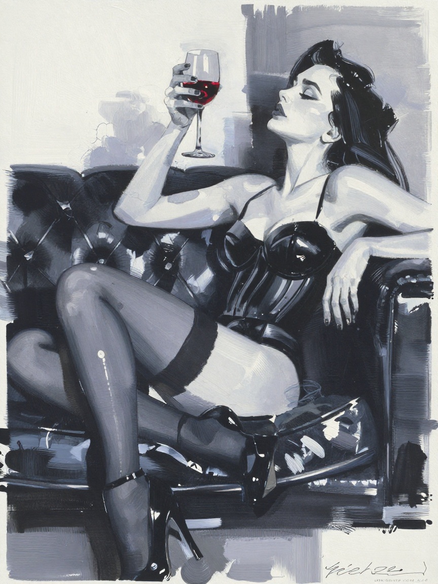 Kaljedef art style: A sensual woman reclines on a dark leather couch,  her body draped in glossy black lingerie that accen...