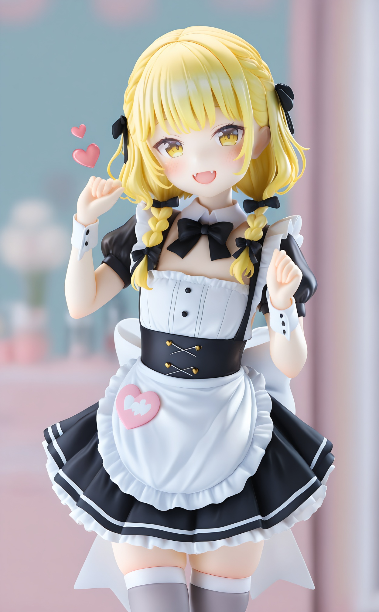 masterpiece,absurdres,best quality,loli,petite,high quality,chromatic_aberration,//,fujita_kotone,1girl,blonde_hair,solo,apron,thighhighs,yellow_eyes,virtual_youtuber,white_thighhighs,looking_at_viewer,braid,twin_braids,wrist_cuffs,smile,bow,white_apron,skindentation,dress,maid,black_bowtie,black_dress,open_mouth,bowtie,black_bow,zettai_ryouiki,long_hair,short_sleeves,frilled_apron,blush,fangs,maid_apron,frills,pleated_dress,puffy_sleeves,hair_ribbon,blurry_background,detached_collar,puffy_short_sleeves,ribbon,thighs,heart,twintails,blurry,:d,grey_thighhighs,hands_up,waist_apron,black_ribbon,hair_over_shoulder,short_dress,alternate_costume,standing,skirt,cowboy_shot,//,<lora:PVC7——【noob】hans:1>,