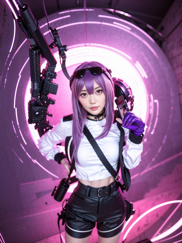 kafka \(honkai: star rail\), 1girl, eyewear on head, weapon, gloves, holding, solo, purple hair, gun, holding weapon, white shirt, pantyhose under shorts, shorts, sunglasses, high-waist shorts, shirt, pantyhose, jacket, purple eyes, holding gun, breasts, long hair, black jacket, black shorts, looking at viewer, long sleeves, purple pantyhose, round eyewear, purple gloves, neon lights, smile, standing, parted lips, pince-nez, harness