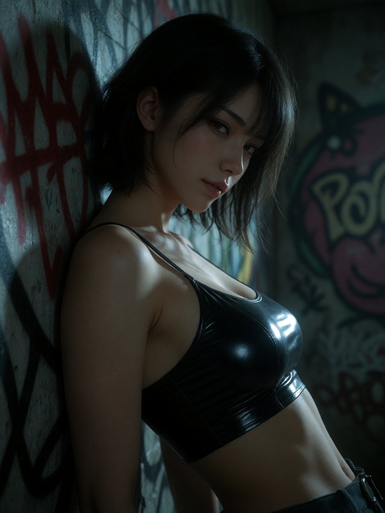 A Japanese girl leaning against a wall,  shown from the side,  upper body only. She exudes confidence on Tensor.Art