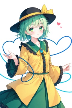 masterpiece,best quality,illustration,ultra detailed,hdr,Depth of field,(colorful),Artist yamanakaume,1girl,solo,komeiji koishi,hat,green eyes,skirt,third eye,shirt,yellow shirt,green skirt,white background,long sleeves,black headwear,frills,wide sleeves,looking at viewer,short hair,simple background,ribbon,hat ribbon,yellow ribbon,frilled sleeves,green hair,closed mouth,blush,frilled shirt collar,heart of string,hat bow,heart,bow,