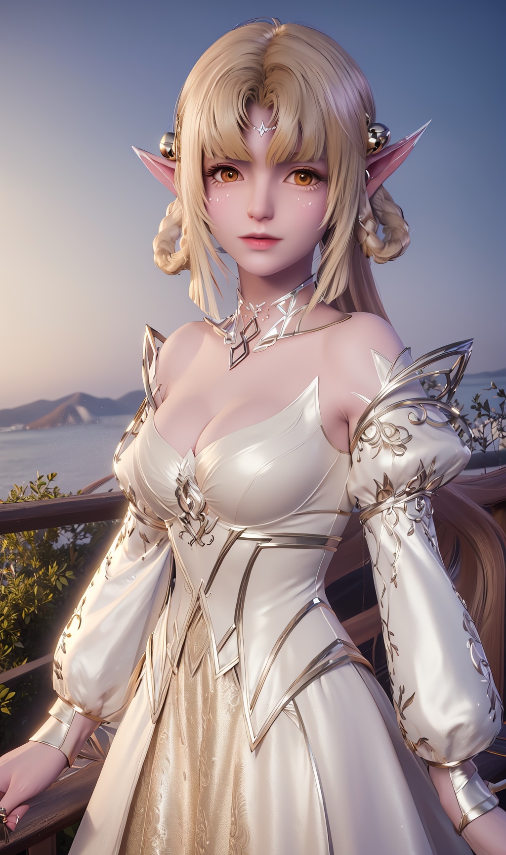 3D,masterpiece,(best quality),official art, extremely detailed cg 8k wallpaper,((crystalstexture skin)), (extremely delicate and beautiful),(highly detailed),(1girl), (solo), (jewelry), (breasts), (earrings), (blonde_hair),(hair),(hair_ornament),(handwear),  (long_hair), (medium_breasts), (clothes),(dress),(skirt),(pointy_ears),(long_sleeves) ,((upper body)),(sunshine, outdoor,),((looking_at_viewer)),((Facing the camera)),, <lora:hipoly3DModelLora_v10:0.3>