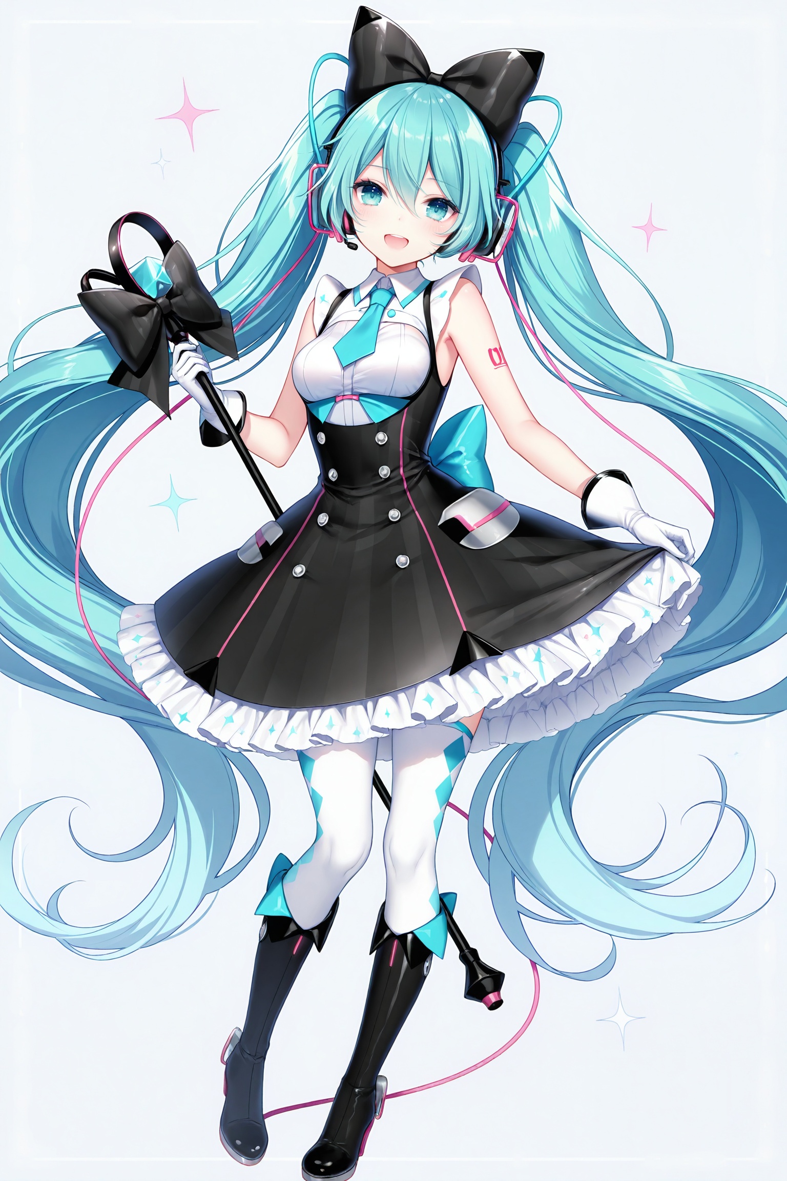masterpiece,best quality,newest,absurdres,highres,soft shadows,photorealistic,(bison cangshu:0.5),(hiten \(hitenkei\):0.4),(rimuu:0.5),(mignon:0.5),(sheya:0.6),<lora:MMM2016XLNAI:1>,magical mirai miku \(2016\),black bow,hair bow,sleeveless dress,frilled dress,black dress,layered dress,pocket,framed breasts,white thighhighs,high heel boots,knee boots,full body,holding,