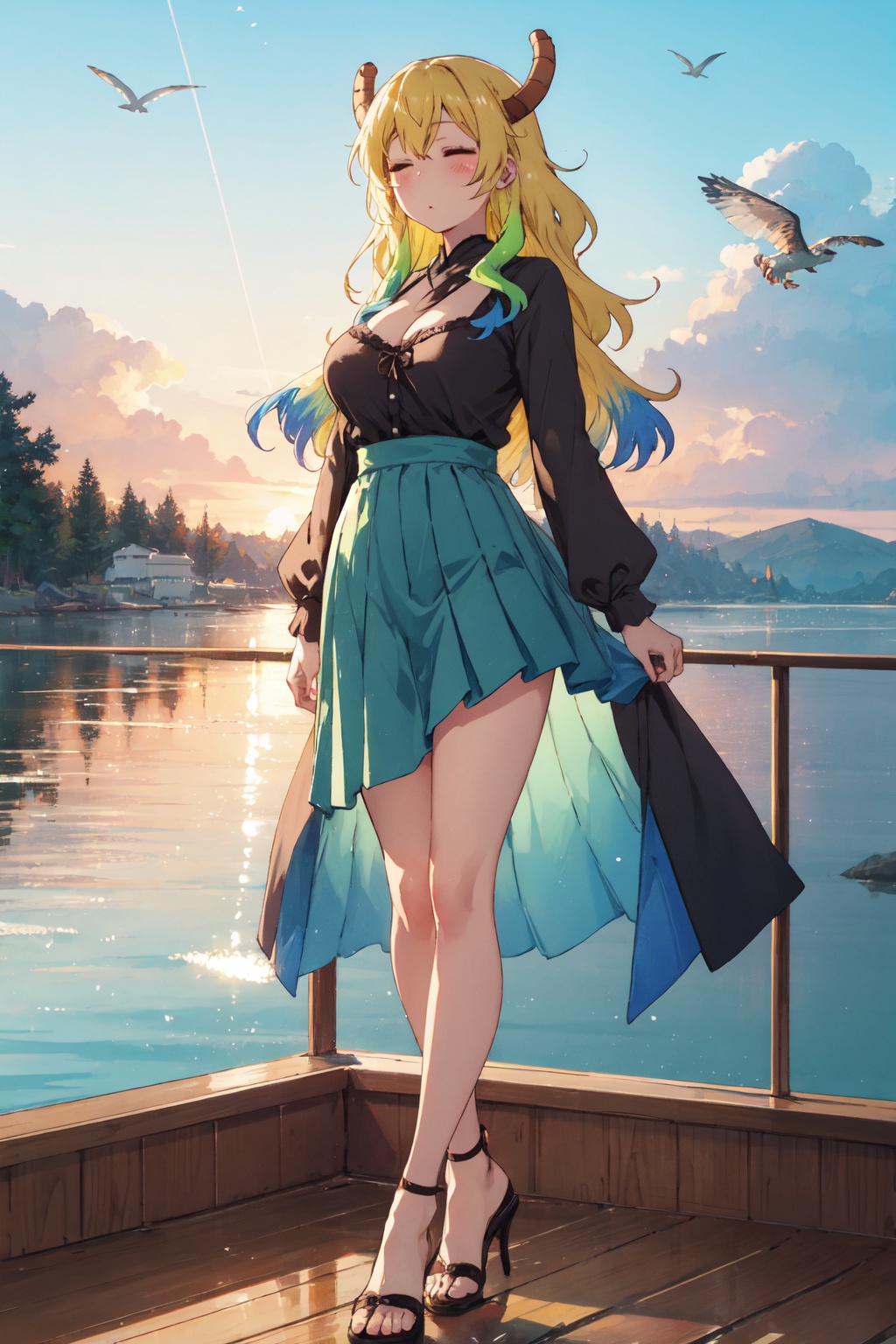 <lora:Quetzalcoatl-000019:0.8>,Lcoa CYQL,1girl,looking at viewer,solo,dragon girl,long hair,blonde hair,green hair,multicolored hair,gradient hair,dragon horns,closed eyes,breasts,large breasts,cleavage,full body,Frilled white blouse paired with a pleated metallic midi long skirt and slingback heels,giggling,bust,As the sun sinks slowly into the horizon, the sky blushes orange and red, and golden rays bathe the shimmering sea. Seagulls soar overhead, fishing boats sing into the dusk,(Tea house, Stone lanterns, Koi pond, Sunset glow, Japanese serenity, Evening tranquility:0.5),beautiful detailed sky,beautiful detailed glow,posing in front of a colorful and dynamic background,masterpiece,best quality,beautiful and aesthetic,contrapposto,female focus,wallpaper,