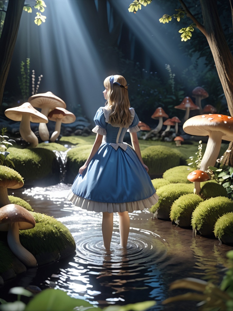 ***** Alice in wonderland standing in stream,large mushrooms in background,highly detailed,Beautiful lighting,photoreal,4k,depth of field,night scene,light from godrays shining on ground,