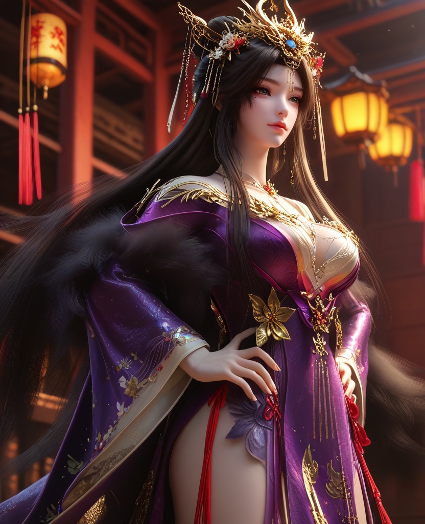 (hands-on-hips:1.1),(large breasts:1.2),<lora:XL16云深不知梦羲和醉蝶花:0.95>,miss xihe,purple gown,fur trim,mole under left eye,black hair,absurdly long hair,traditional chinese updo with long front strands,hair ornament,jewelry,floral embroidery,wide sleeves,, score_9,score_8_up,score_7_up,score_6_up,score_5_up,score_4_up,3d rendering,tag1,tag2, Cinematic Lighting,backlighting,