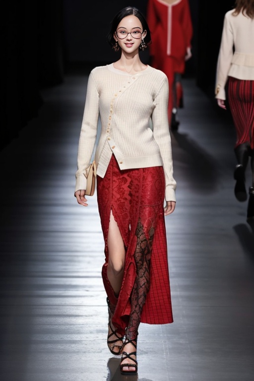 1woman, black hair, blurry, boots, dress, earrings, fashion, lace, long skirt, long sleeves, looking at viewer, sandals, short hair, smile, solo, solo focus, standing, tinted eyewear, vertical-striped shirt, red skirt, zhenzhi,<lora:SD1.5_Zhenzhi1.28:0.6>