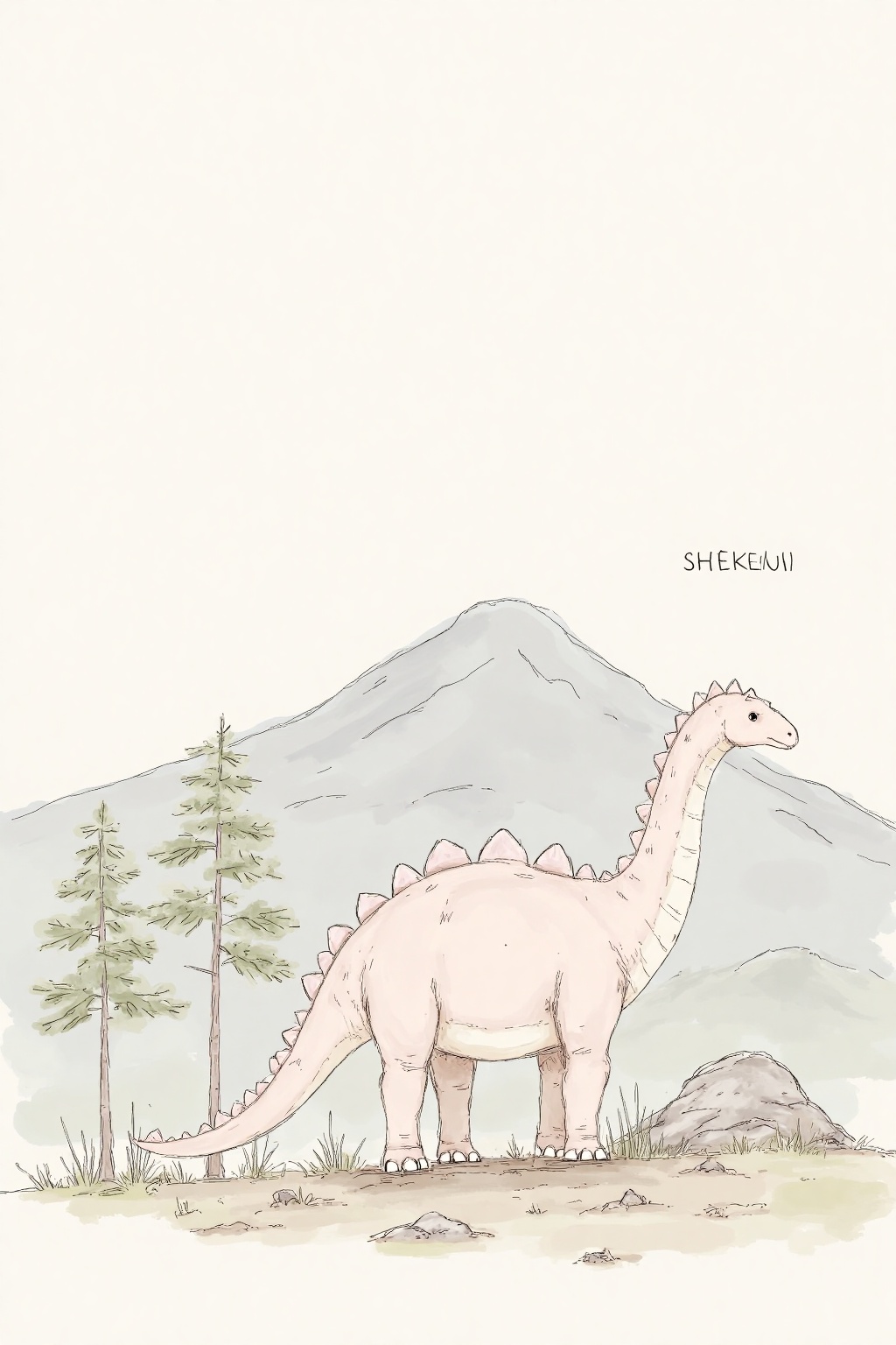 beijihui,A medium-sized sketch of a white brontosaurus is standing in front of a mountain range,its head facing the right side of the frame. The front of the dinosaur is facing the left,and its head is turned slightly to the right. There are two trees to the left of the image,one with green leaves and the other with light green leaves. There is a small hill behind the dinosaur,and there is a text in the upper right corner that reads "SHEKEN".,