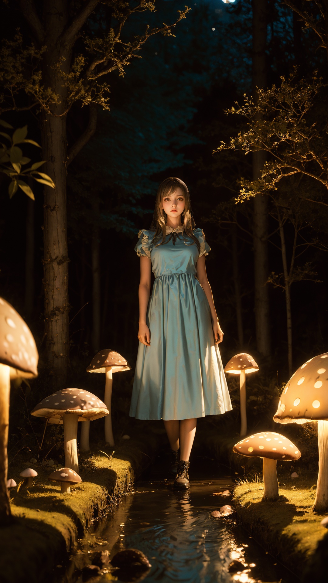 ***** Alice in wonderland standing in stream,large mushrooms in background,highly detailed,Beautiful lighting,photoreal,4k,depth of field,night scene,light from godrays shining on ground,