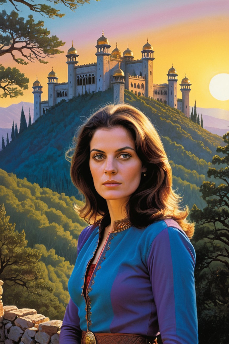 woman close up portrait,  1970s dark fantasy book illustration,  abandoned Persian palace with defensive walls in the fore...