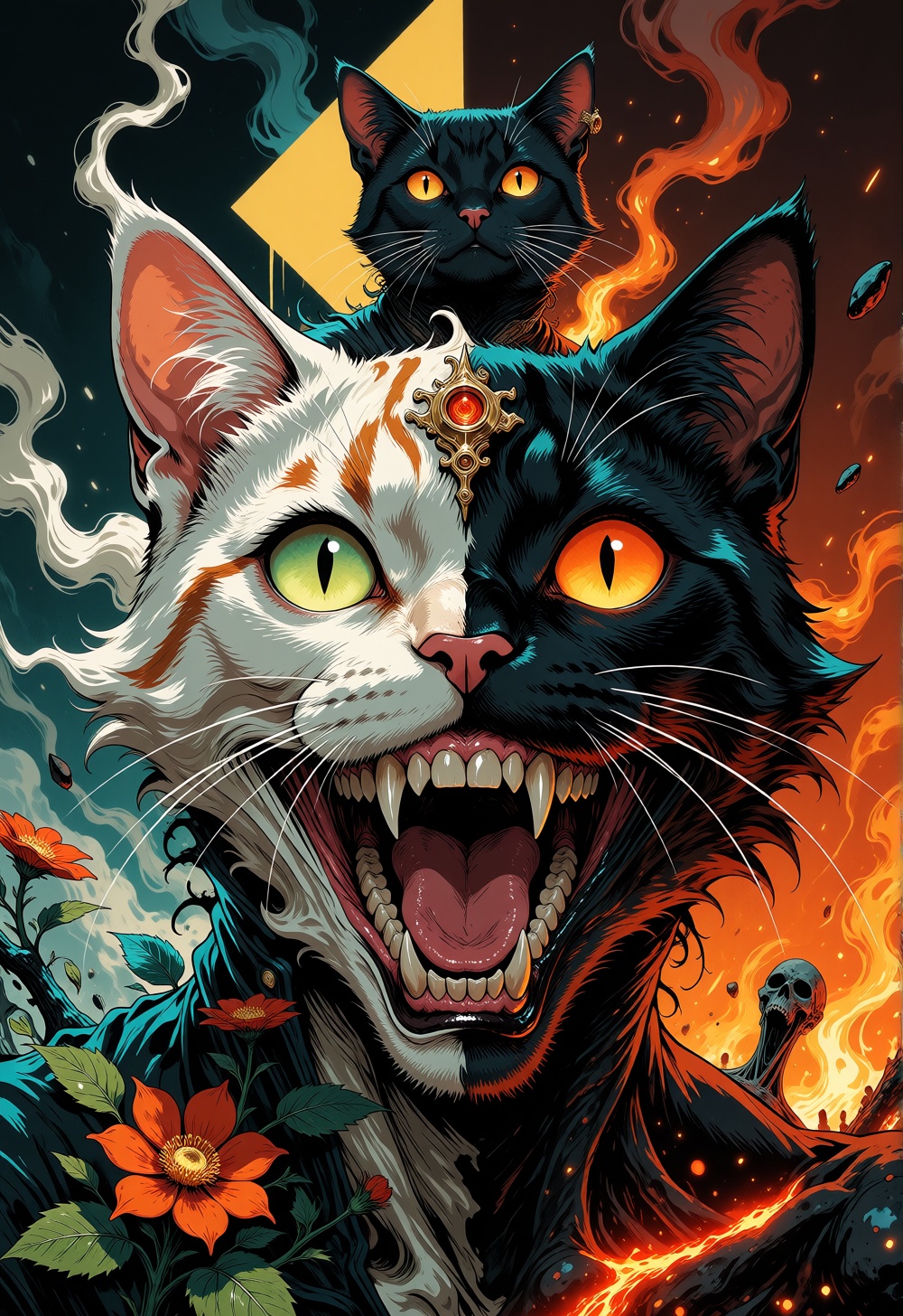 A goddess cat presides over a surreal fractal fog world divided into opposing forces: white smoke,  mist,  green leaves on...