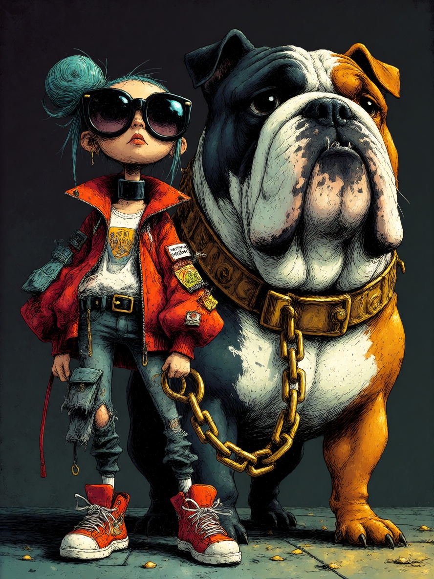 ToonDaal,  A high-detail masterpiece in a dark whimsical storybook style,  featuring a defiant young woman with an exagger...