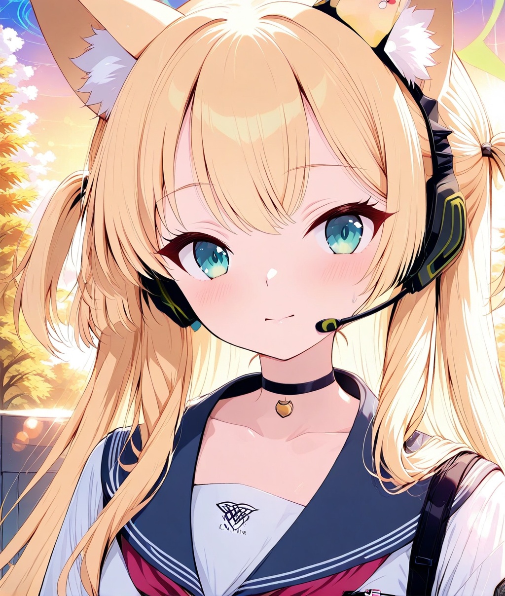 O,ultra detailed anime texture,Kurumi(blue archive),Kurumi(blue archive),1girl,animal ears,solo,green eyes,long hair,neckerchief,headset,blonde hair,looking at viewer,red neckerchief,sailor collar,school uniform,animal ear fluff,choker,black choker,upper body,bangs,serafuku,shirt,closed mouth,white shirt,halo,sunset,cat ears,outdoors,blue sailor collar,(aesthetics ),masterpiece,best quality,ultra high definition,32K resolution,clear focus,delicate details,high-end texture,fashion photography,film perspective,rich colors,color palette,advertising style,tension composition,masterpiece,mild atmosphere,latest,dynamic Dutch perspective,transparent composition,magazine cover,cover,