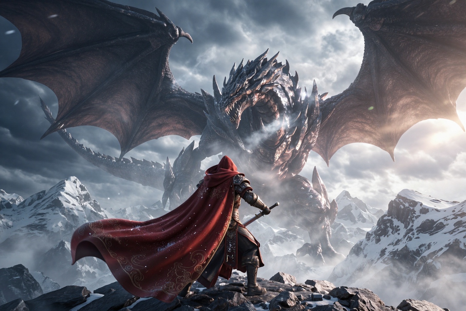 YY Anime style,CG,A hyper-realistic photograph captures a cloaked warrior standing defiantly in the foreground, their weathered crimson cloak embroidered with intricate gold patterns billowing dramatically in an unseen wind, revealing glimpses of battle-worn steel armor beneath. The figure's back faces the viewer, hands gripping a sword's pommel, while beyond them, a colossal dragon looms menacingly across snow-covered mountain peaks. The dragon's massive form fills the dramatic background, its iridescent scales rendered in deep burgundy and gunmetal gray catching the harsh alpine light, each scale catching and reflecting light differently to create a complex texture that speaks to its ancient power. Its partially unfurled wings create angular silhouettes against the stormy sky while its serpentine neck arches forward, mouth agape to reveal rows of ivory daggers for teeth, each one catching bright highlights. The mountainous terrain spreads below in layers of craggy peaks dusted with fresh snow, while heavy storm clouds swirl overhead in multiple shades of steel gray and white. Harsh, dramatic lighting from camera-right creates strong rim lighting on both figures, the dragon's form catching brilliant edge lighting that separates it from the darker sky, while the cloaked figure becomes a dramatic silhouette against the brighter background. The cold mountain air is visible in the breath from both creatures, creating small puffs of vapor that catch the light. The photograph's extreme detail reveals individual snowflakes on the warrior's cloak, the dragon's nostrils flaring with barely visible smoke wisps, and the rough texture of volcanic rock beneath their feet. Style: Ultra-realistic fantasy photography with cinematic lighting and high-resolution detail akin to large format photography. Mood: Epic confrontation, ancient power meets mortal courage, primal tension captured at the precipice of battle.