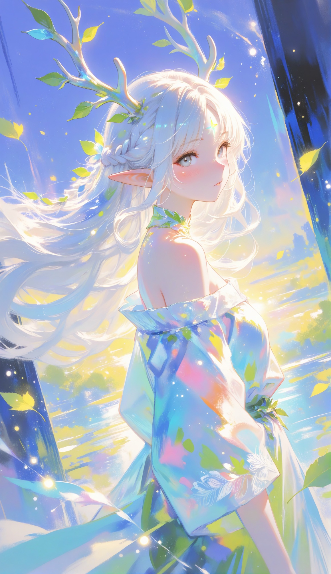 xingmang, glowing,colorful,light particles, glowing particles,painting \(medium\),abstract,masterpiece,absolutely eye-catching,best quality,amazing quality,very aesthetic,absurdres,newest,dynamic pose,dynamic_angle,dutch angle,extreme aesthetic,highres,1girl,solo,long hair,looking at viewer,blush,bangs,bare shoulders,braid,white hair,pointy ears,off shoulder,from side,looking to the side,grey eyes,leaf,facial mark,elf,forehead mark,antlers,