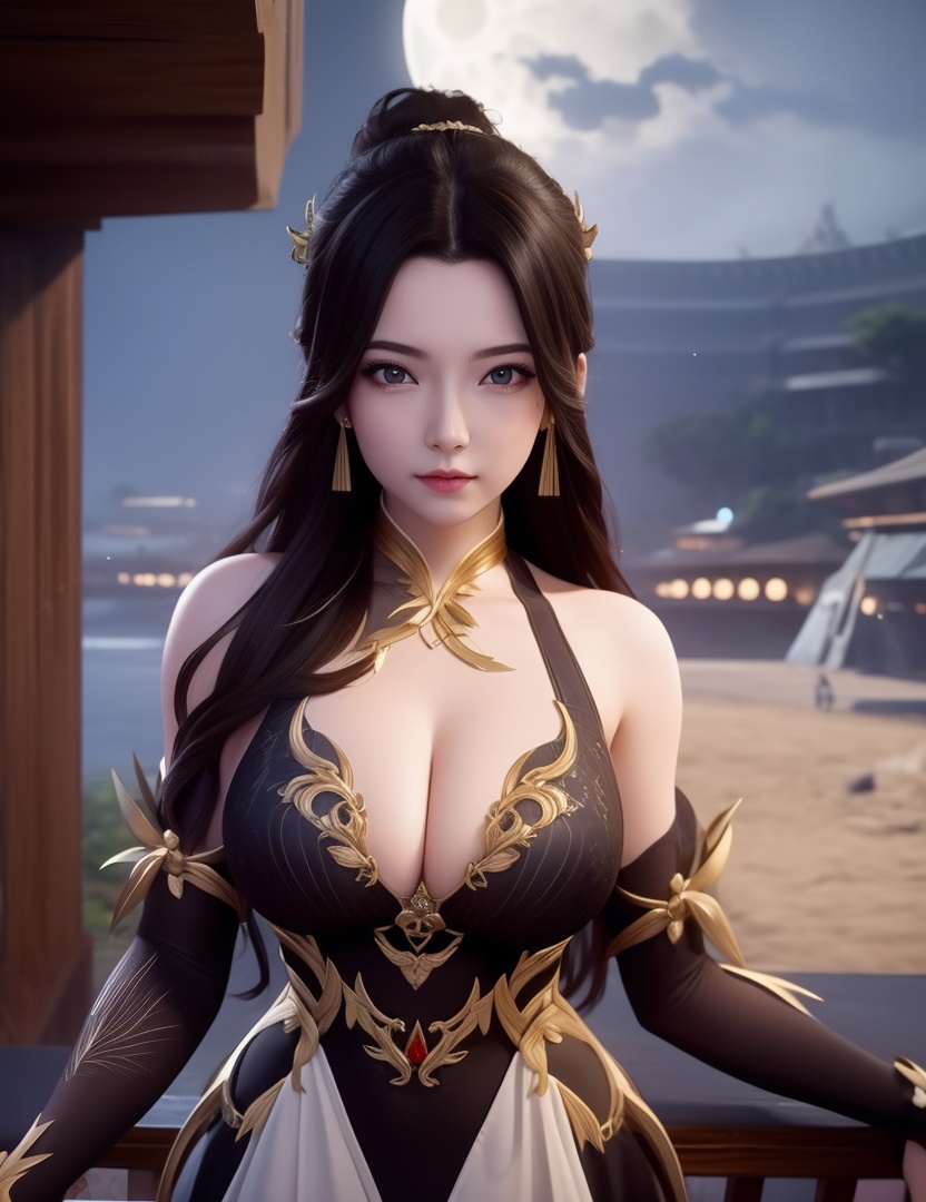 <lora:514-DA-万古狂帝-柳妃:0.8>(,1girl, ,best quality, ),looking at viewer,masterpiece, (( , )),, realistic,science fiction,mole, ultra realistic 8k cg, full moon, (cleavage), (),