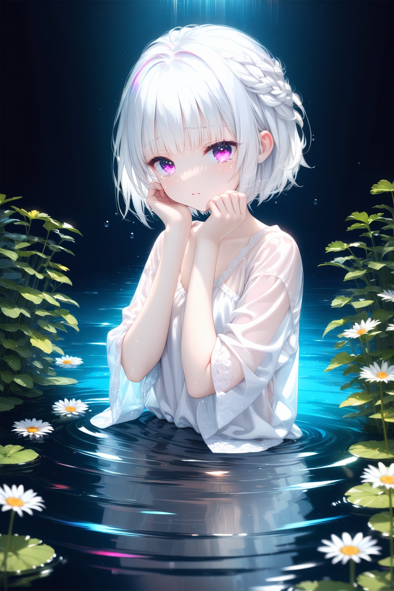 (masterpiece),(best quality),illustration,ultra detailed,hdr,Depth of field,(colorful),(chromatic aberration),(beautiful young female:1.4),(streaming tears),sad,(daisy),(daisy),(daisy),looking at viewer,partially submerged,both hands on own cheek,{see-through long shirt},{no bra},(white hair, short hair, bangs:1.2),(glowing eyes),ripples,dark water,black background,(prismatic),