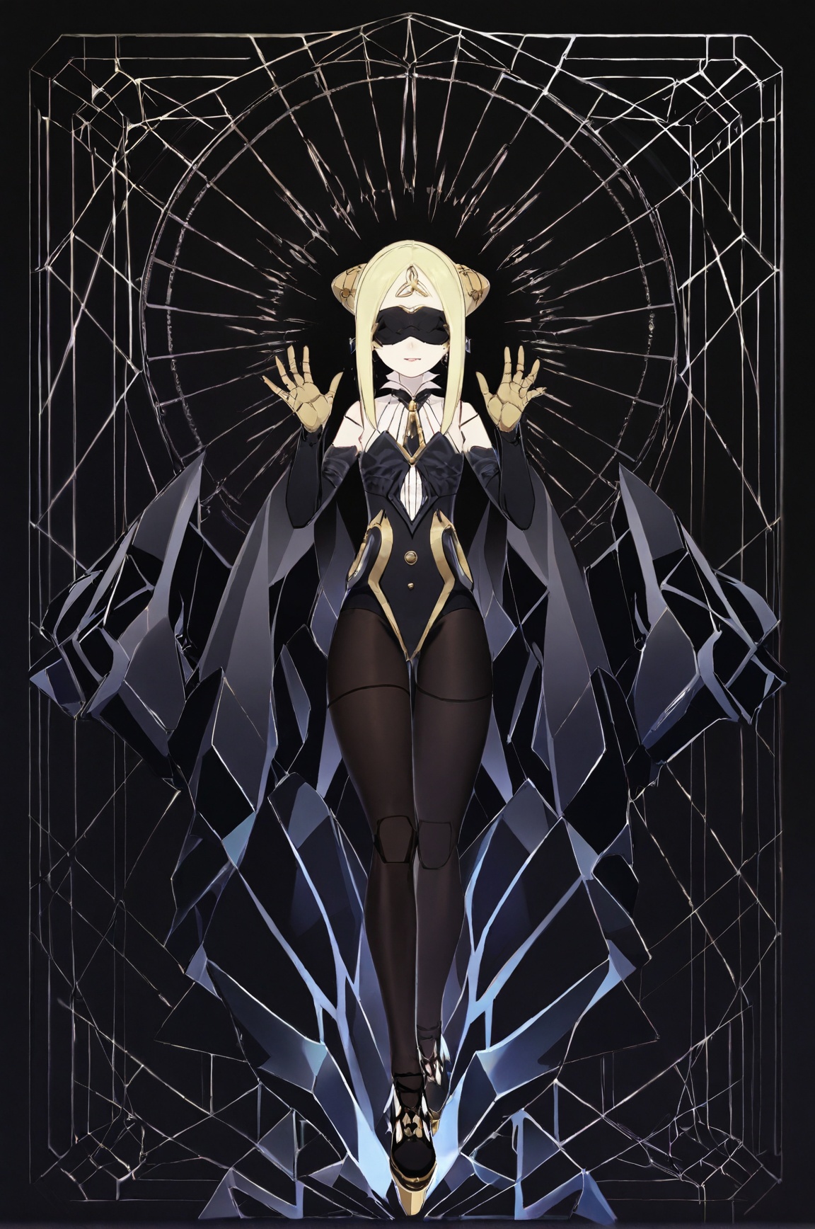 1girl, full body, best quality, high detail, closeup<lora:qianren-artiwaifu-Tanger:0.7>, qianren, qianren's def clothes, 1girl, blindfold, blonde hair, pantyhose, joints, black shoes, Confident, stunning figure, head high, eyes sparkling, magnetic presence, commanding attention, self-assured, charismatic, captivating., dynamic pose, extreme aesthetics, art photography, film lens, film light and shadow, hands up, littlifting, simple_black_background, black and white theme, Sense of coordination, sense of order, mathematics beauty, (cover design), (cover art), ((trim)), album_art, official art, (Master's work), chessboard, chess, white geometry, black geometry, reflection, crystal_art, pattern_design, creative, Mystery pattern, black crystal decorate, black crystal, (architectural art), ((geometric art)), pattern design, creative, ------, Low saturation, grand masterpiece, Perfect composition, film light, light art, 
