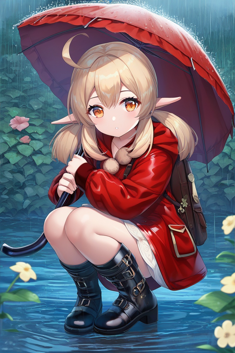 score_9,score_8_up,score_7_up,score_6_up,source_anime,source_cartoon,<lora:kleeTponyXL-000001:0.7>,klee \(genshin impact\), 1girl, solo, pointy ears, umbrella, flower, boots, twintails, looking at viewer, squatting, red coat, sidelocks, raincoat, holding, hydrangea, rain, low twintails, hooded coat, holding umbrella, hair between eyes, long sleeves, hood, coat, ahoge, long hair, alternate costume, light brown hair, knee boots, blonde hair, red eyes, parted lips, looking to the side, rubber boots, outdoors, black footwear, full body, clover, orange eyes, loli