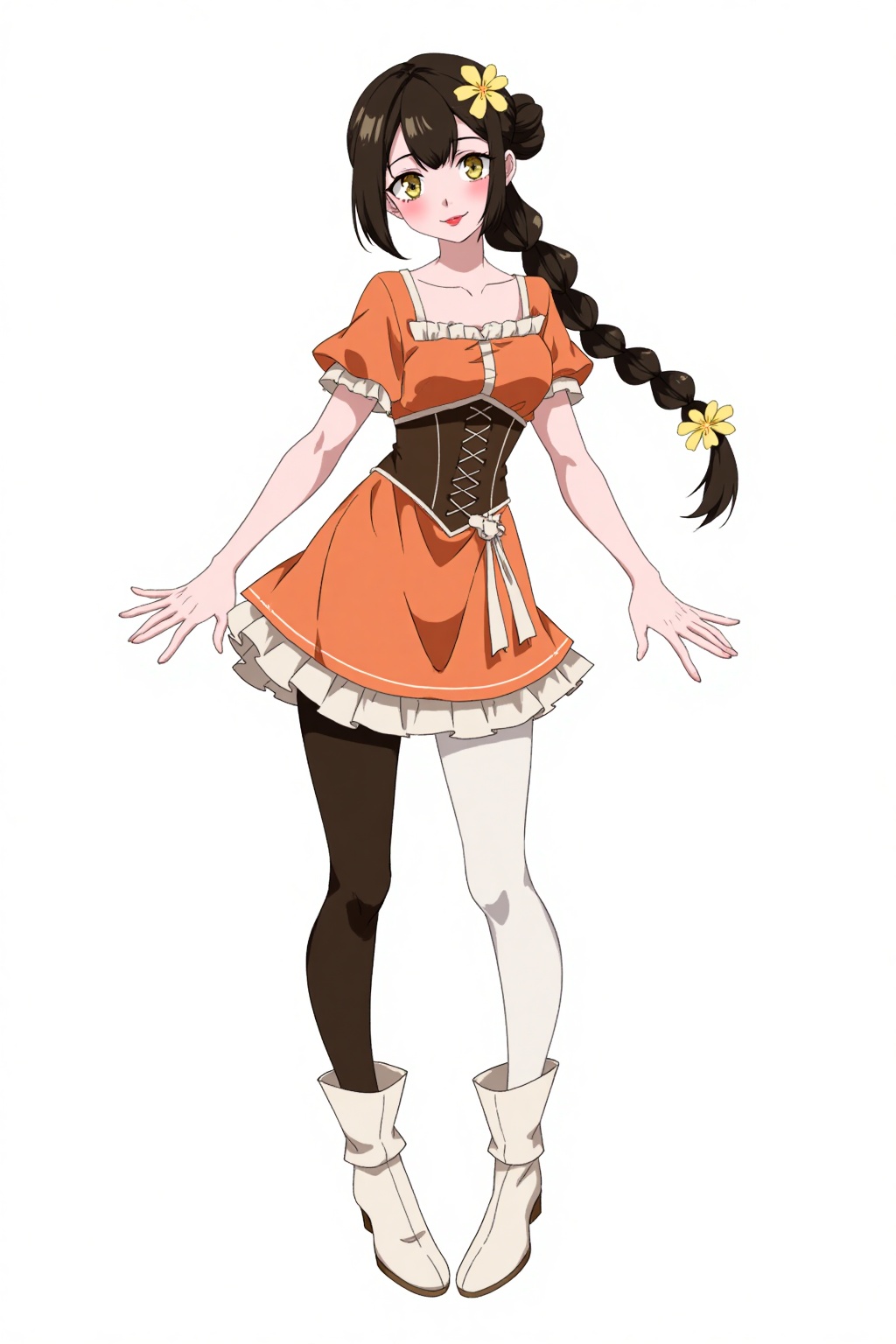 HEZI, Character Design, animation art, quadratic, bright colors, 1girl, solo, braid, pantyhose, full body, white background, simple background, smile, dress, white footwear, hair ornament, long hair, black pantyhose, looking at viewer, flower, hair over shoulder, boots, hair flower, black hair, breasts, standing, frills, short sleeves, makeup, yellow eyes, single braid, medium breasts, lipstick, brown hair, collarbone, cleavage, skirt, corset, short dress, frilled dress, nail polish, hair bun, brown eyes, bangs, fingernails, closed mouth, orange dress, green eyes, hair between eyes, yellow flower, single hair bun, braided ponytail, frilled sleeves