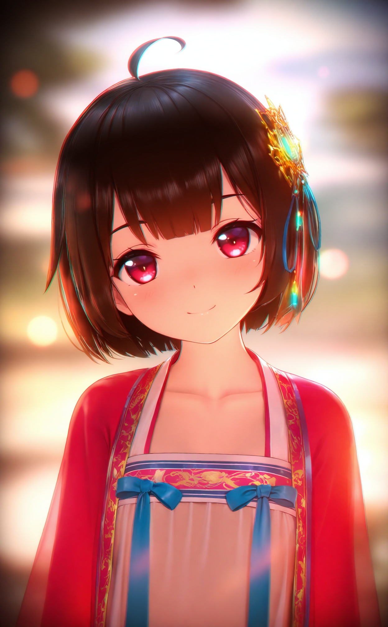 masterpiece,absurdres,best quality,loli,petite,high quality,chromatic_aberration,//,1girl,solo,red eyes,short hair,looking at viewer,hanfu,see-through,upper body,ahoge,brown hair,chinese clothes,smile,hair ornament,ribbon,blurry,closed mouth,depth of field,blue ribbon,black hair,collarbone,//,Depth of field,(colorful),hdr,Tyndall effect,depth of field,Tyndall Effect,blurry,blurry_background,depth_of_field,bokeh,glowing,//,<lora:MMDguangwuran4——【noob】hans:1>,