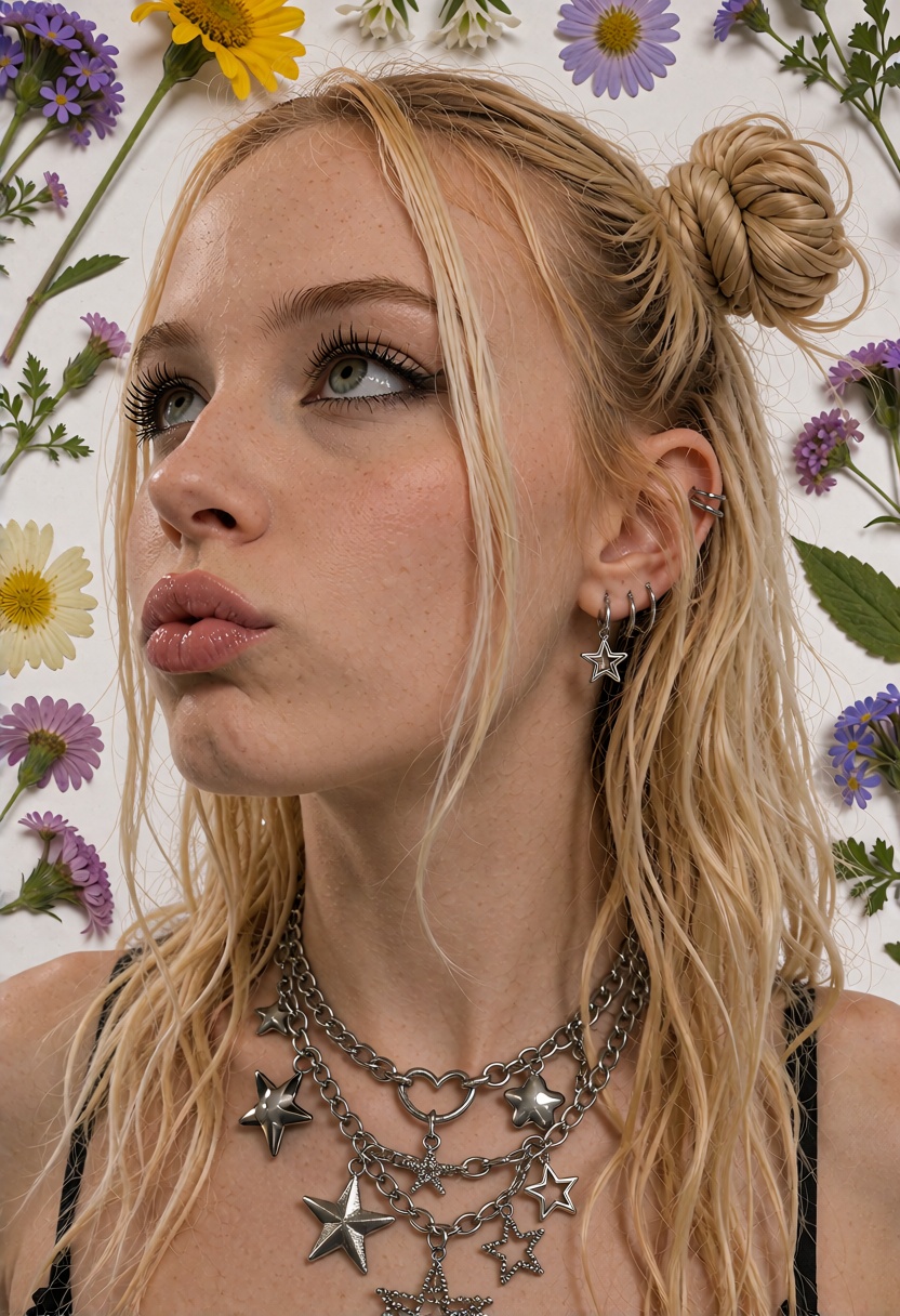 LolaX,  long blonde hair with two small space buns and loose straight lengths. A surreal digital photo-manipulation portra...