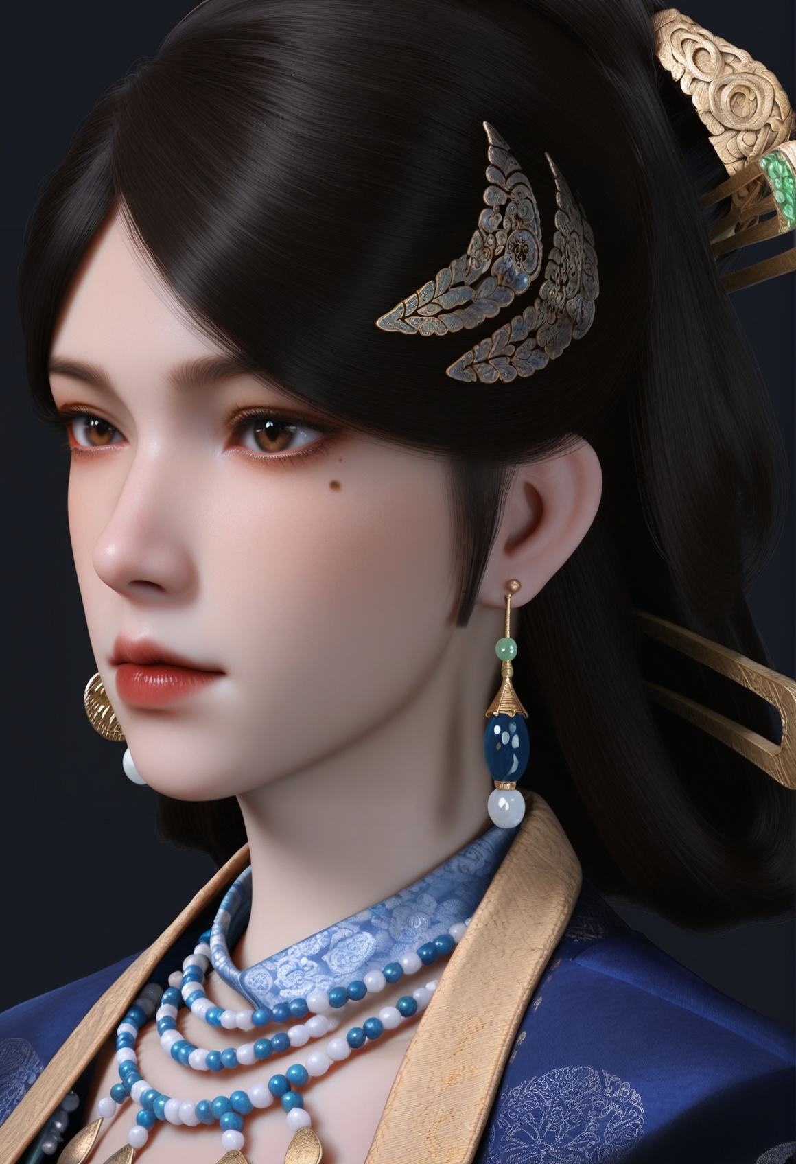 (score_9),portrait,(close-up),solo focus,(eye focus),<lora:温洛玉-apony:0.83>,wengluoyu,solo,1girl,brown eyes,hair stick,black hair,earrings,hair ornament,updo,hair stick,mole under eye,mole,BREAK<lora:Expressive_H-000001:0.8>,light blush,Expressiveh,looking at viewer,<lora:e肤色滑块:0.25>,fair_skin,(pale skin),<lora:e色温:0.25>,ultra-detailed skin texture,detailed textures,<lora:皮肤凹痕:1.5>,<lora:RealisticSkinv1_ponyv6_loraplus:0.35>,real skin,BREAKsimple background,black background,<lora:e色温:0.25>,4K ultra HD,sharp focus,high detail,high contrast,