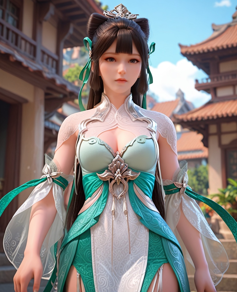 (oriental architecture, elegant decor, sophisticated style:1.1),With hips tilted to one side, hands resting just below her waist, she showcases a coy allure that's hard to resist,(breasts:1.2),<lora:XL完美世界雨紫陌:0.9>,1girl,solo,see-through vest,aloes green corset,green ribbon,detached sleeves,white overskirt,side slit maxiskirt of green,black hair,long hair,hair ornament,hair bun,bangs,cleavage cutout,, zPDXL2, score_9, score_8_up, score_7_up BREAK realistic, masterpiece,best quality, highly detailed,, zPDXL3, zPDXL2,zPDXL, zPDXLxxx, zPDXLrl,