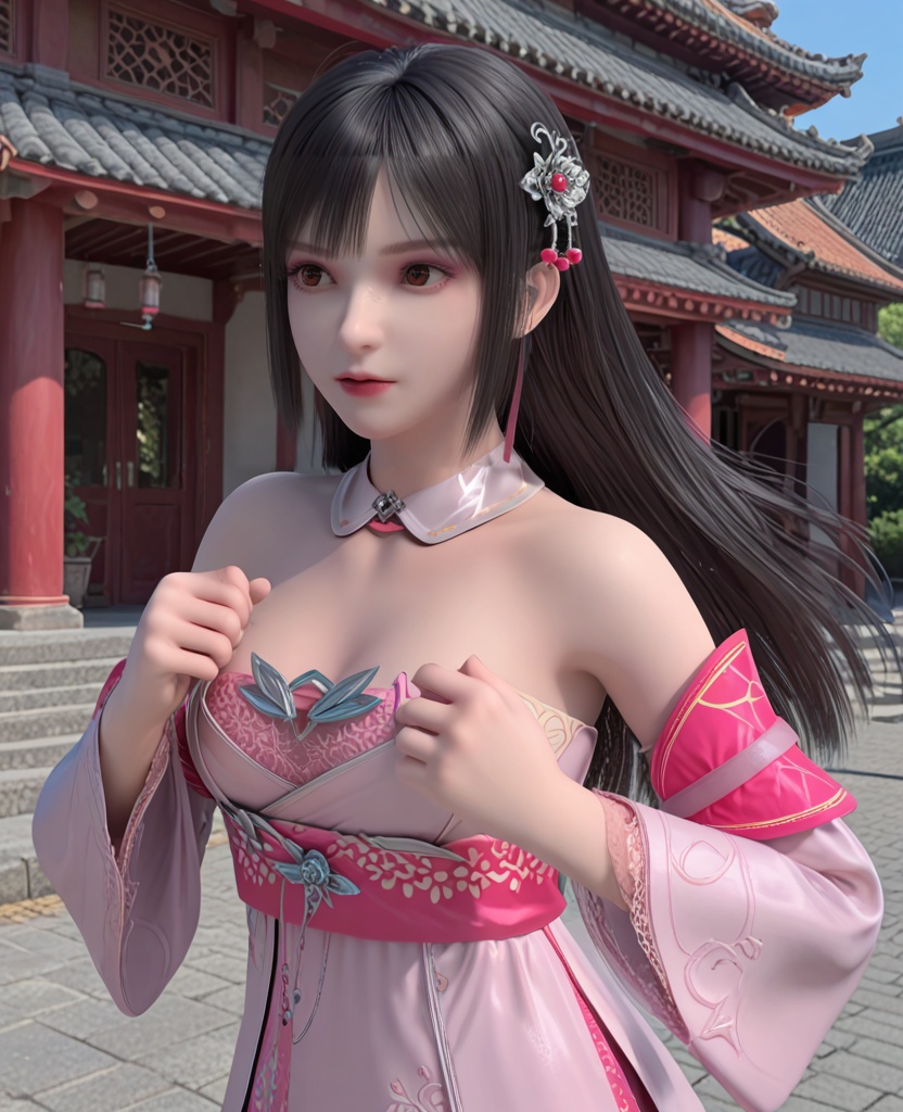 (oriental architecture, elegant decor, sophisticated style:1.1),(Martial Arts Stance, A poised and balanced stance, ready to engage in hand-to-hand combat,:1.1),(breasts:1.2),<lora:XL雪鹰领主姬容:0.95>,miss jirong,white pleated dress paired with a pink dress,black hair,long hair,hair ornament,jewelry,red eyes,detached collar,bangs,lips,detached sleeves,sash,, score_9,score_8_up,score_7_up,score_6_up,score_5_up,score_4_up,3d rendering,tag1,tag2, Cinematic Lighting,backlighting,
